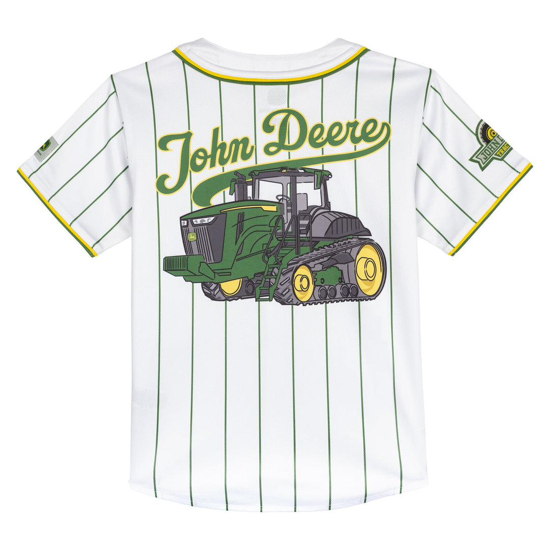 John Deere Boys' Baseball Button Front Shirt White Green Pinstripe