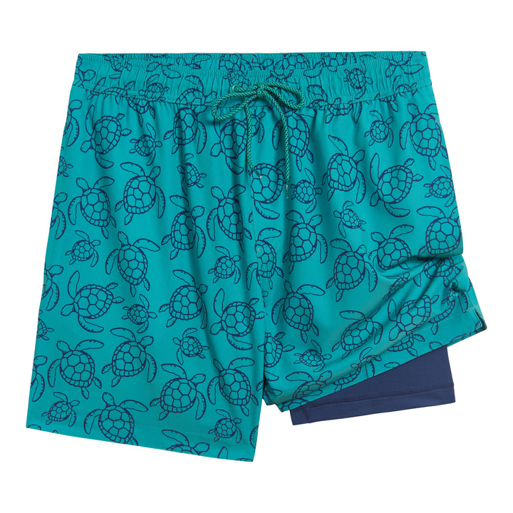 Dreamwave Men's Compression Liner Swim Trunks with Phone Pocket 7 inch Inseam Anti Chafing Teal Sea Turtles
