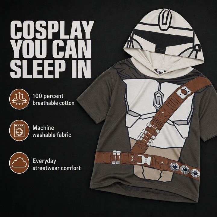 Star Wars The Mandalorian Boys' Cosplay Hooded T-Shirt Grey