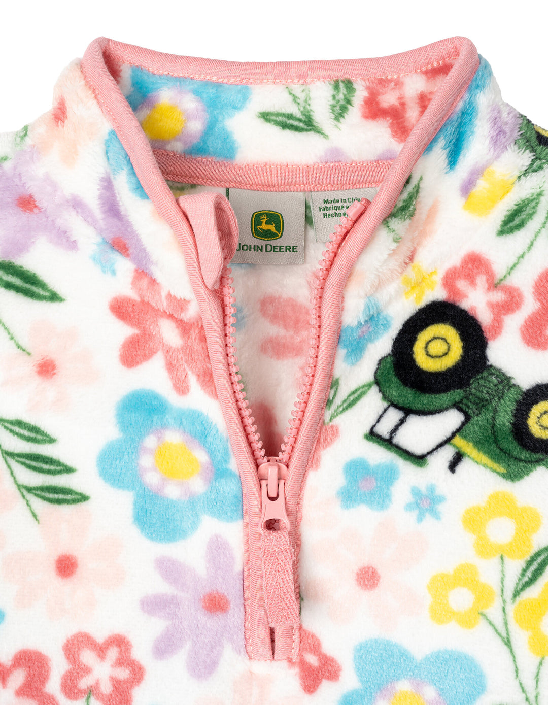 John Deere Girls' Fleece Quarter-Zip Sweatshirt Floral Tractor Print
