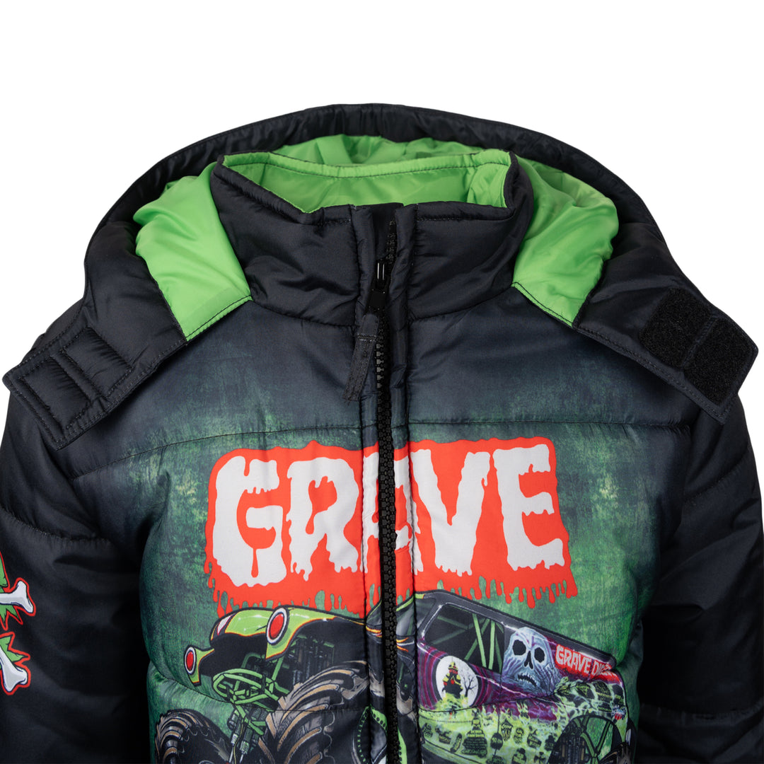 Monster Jam Boys' Hooded Puffer Jacket Grave Digger Green