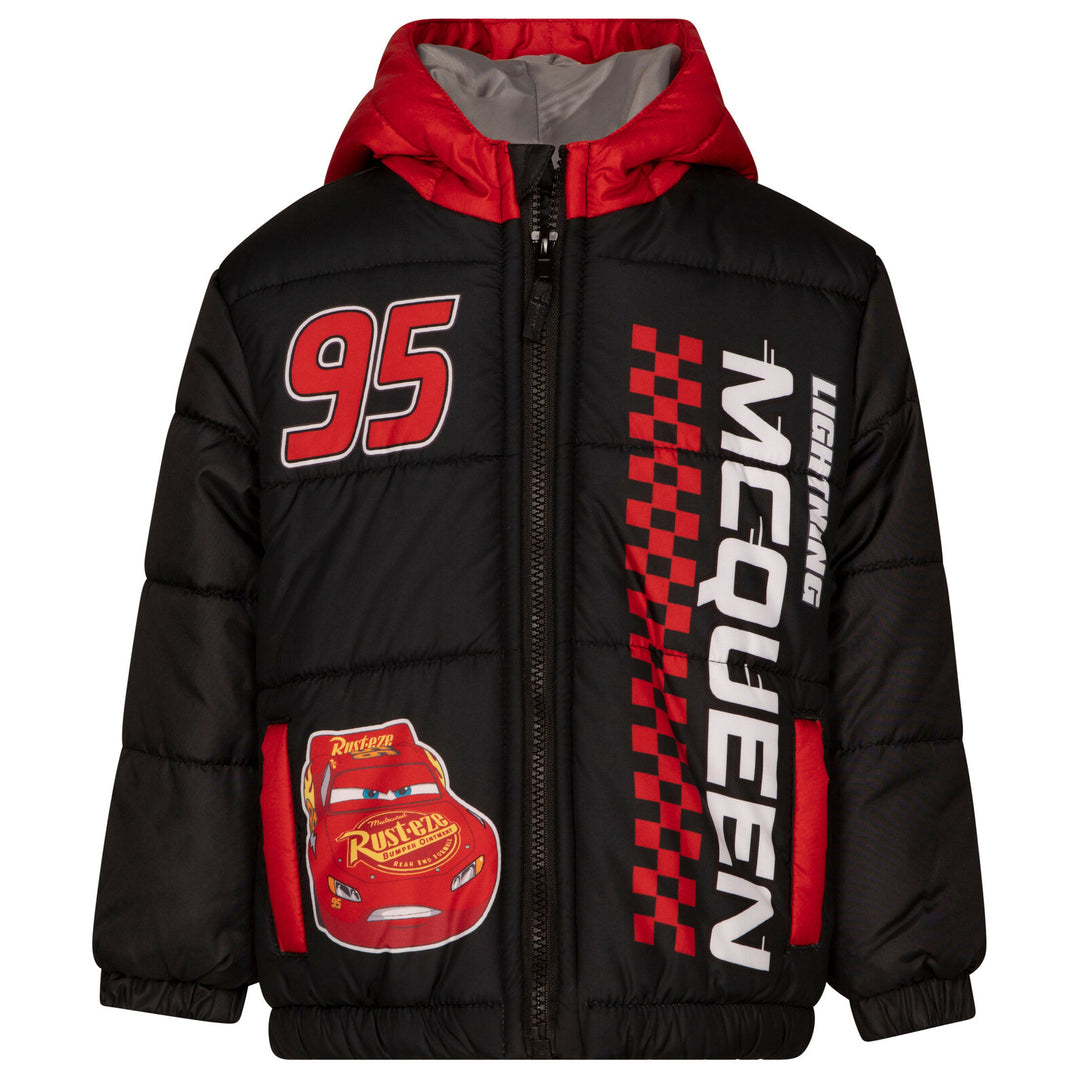 Cars Lightning McQueen Boys' Hooded Zip-Up Puffer Coat Black Red