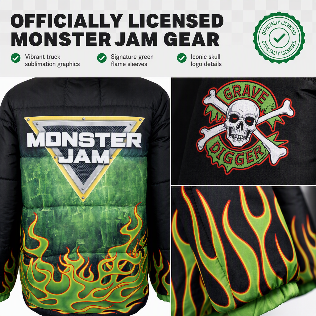 Monster Jam Boys' Hooded Puffer Jacket Grave Digger Green