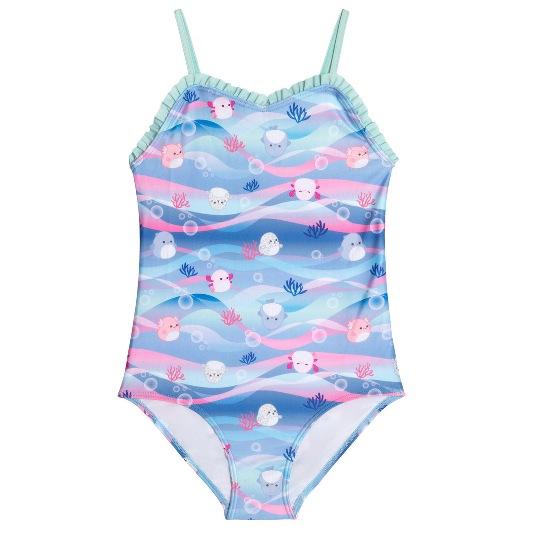 Squishmallows Girls' One Piece Swimwear Aqua Blue Pink Wave