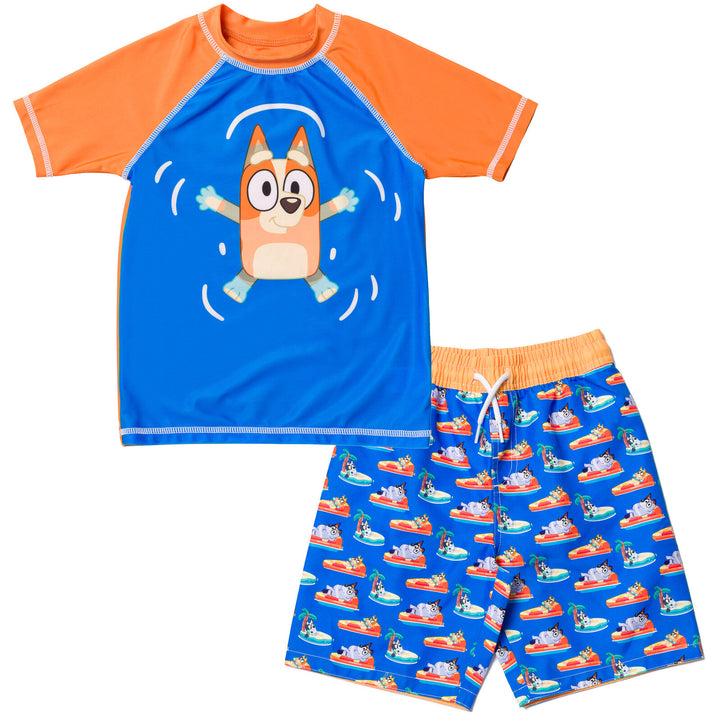 Bluey Boys' Swimwear 2-Piece Rash Guard and Swim Trunks Set Bingo Blue Orange