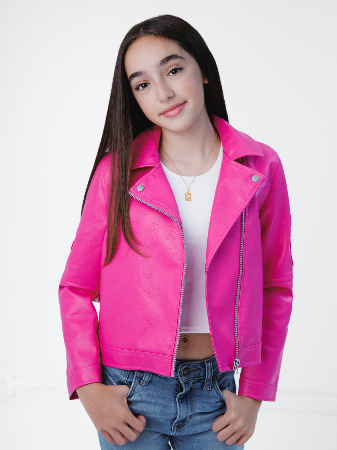 Barbie Girls' Iridescent Zip-Up Leather Jacket Pink