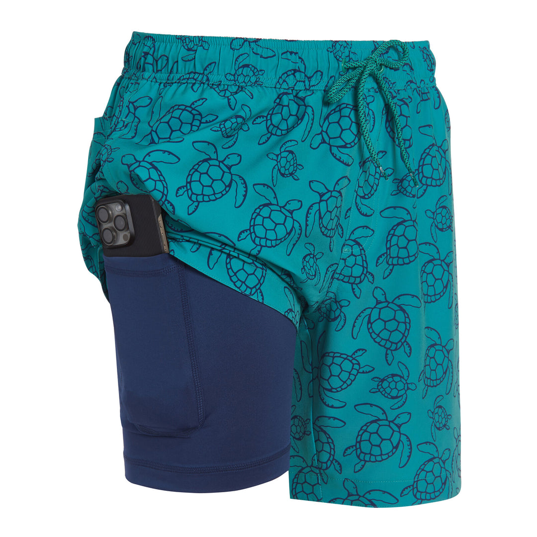 Dreamwave Men's Compression Liner Swim Trunks with Phone Pocket 7 inch Inseam Anti Chafing Teal Sea Turtles
