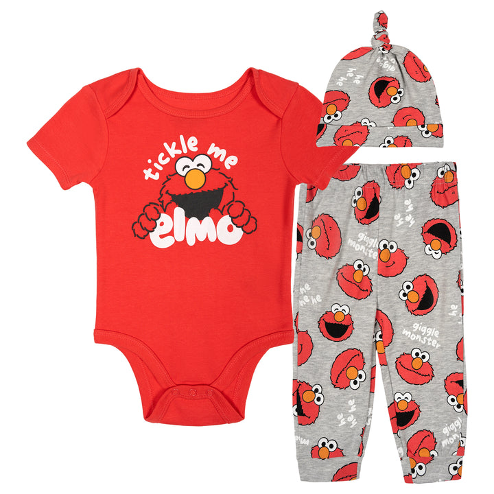 Sesame Street Elmo Baby 3-Piece Bodysuit Pants and Hat Set Red Grey