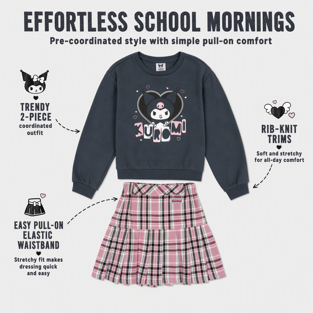 Hello Kitty Kuromi Girls' Fleece Sweatshirt and Plaid Pleated Skirt Set Charcoal