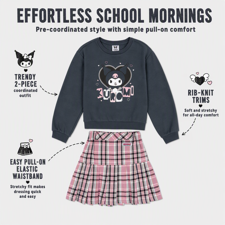 Hello Kitty Kuromi Girls' Fleece Sweatshirt and Plaid Pleated Skirt Set Charcoal