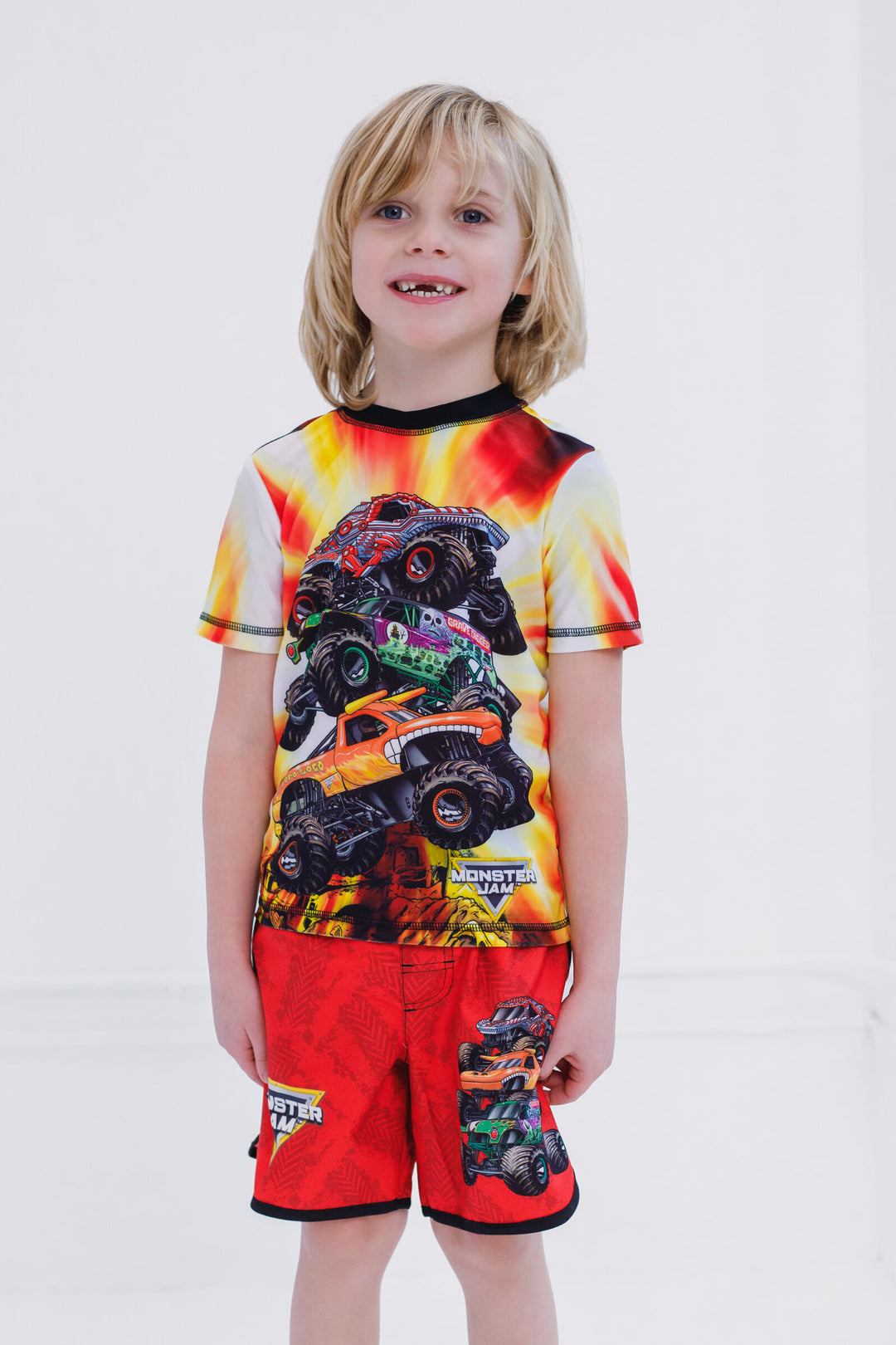 Monster Jam Boys' UPF 50+ 2-Piece Rash Guard and Swim Trunks Set Fiery Orange
