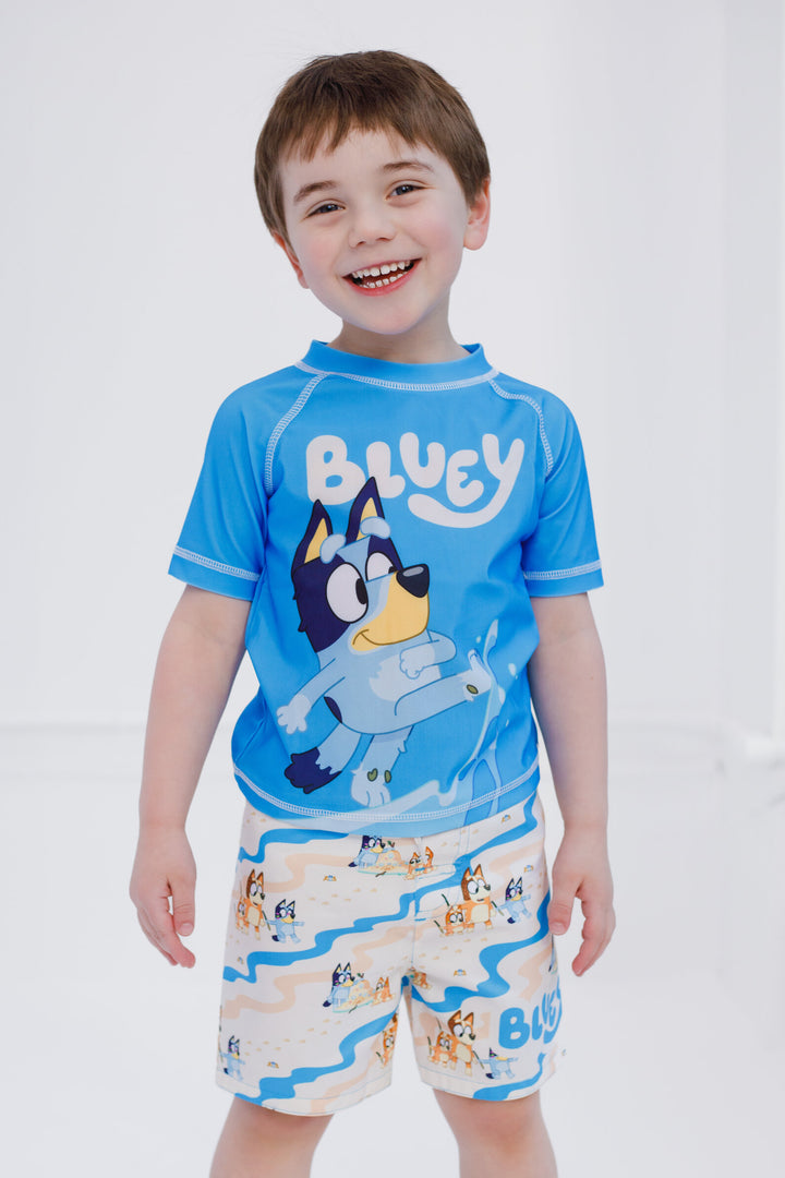 Bluey Boys' Swimwear 2-Piece Rash Guard and Swim Trunks Set Bingo Blue Tan