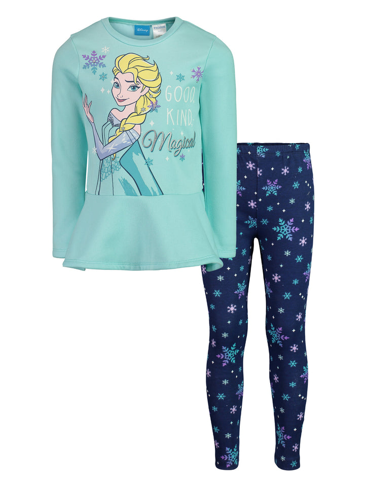 Conjunto de camiseta estampada y leggings de manga larga con peplum de vellón Queen Elsa