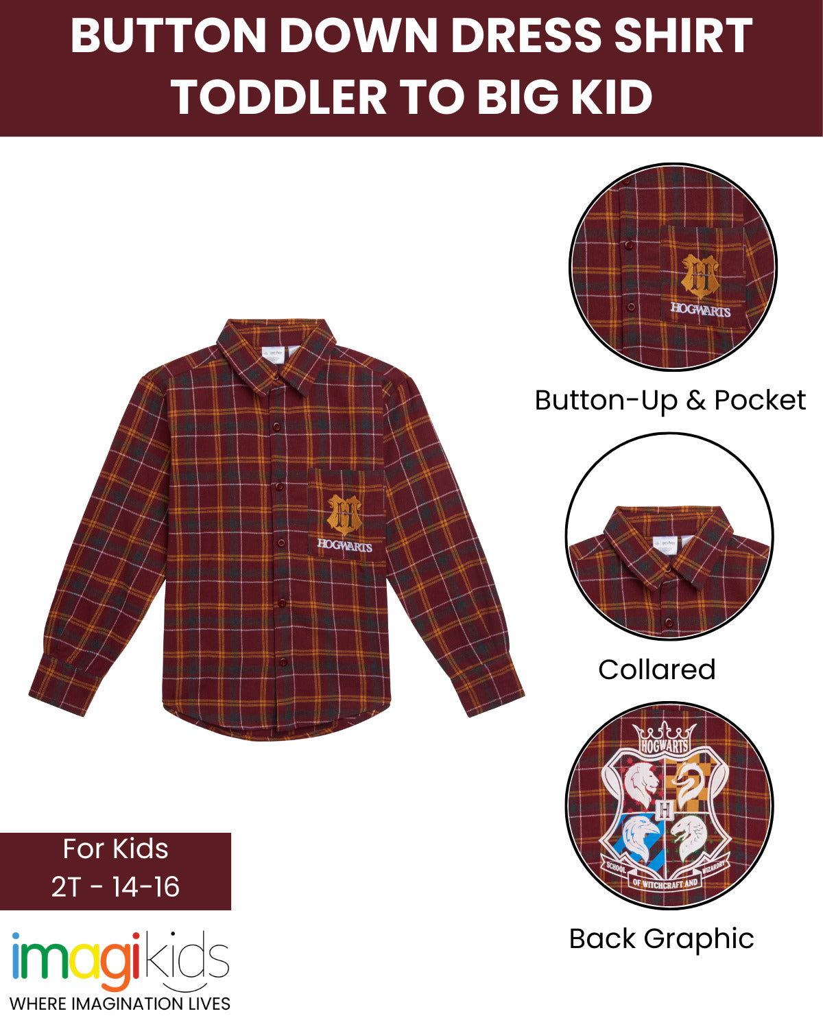 Harry Potter Big Boys Flannel Button Down Dress Shirt Plaid Maroon Red 10-12 Harry Potter Big Boys Flannel Button Down Dress Shirt Plaid Maroon Red 10-12