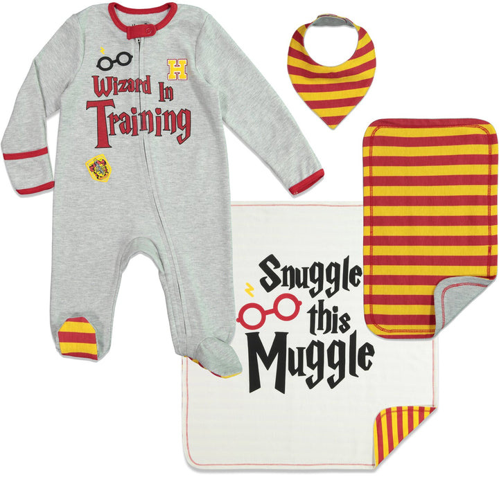 Conjunto de 4 piezas de Harry Potter: Overol Sleep N' Play, babero, manta, paño para eructar