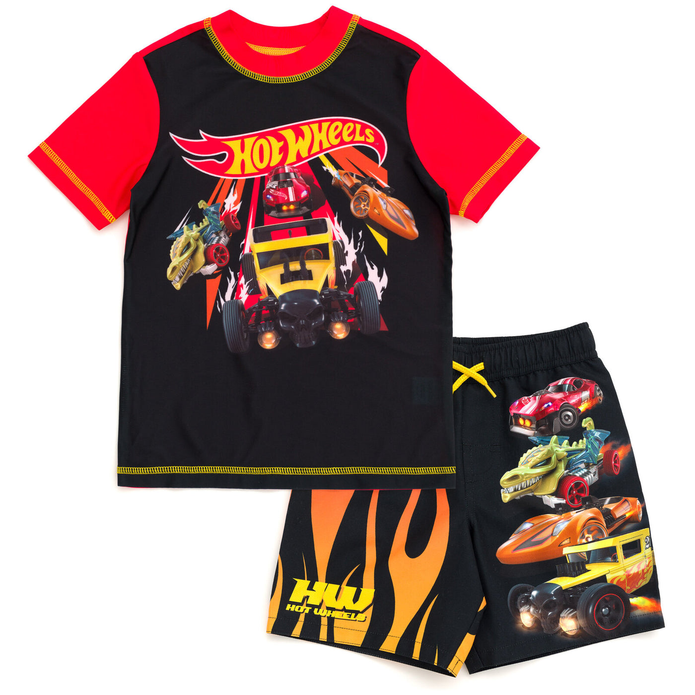 Hot Wheels UPF 50+ Rash Guard Swim Trunks Outfit Set