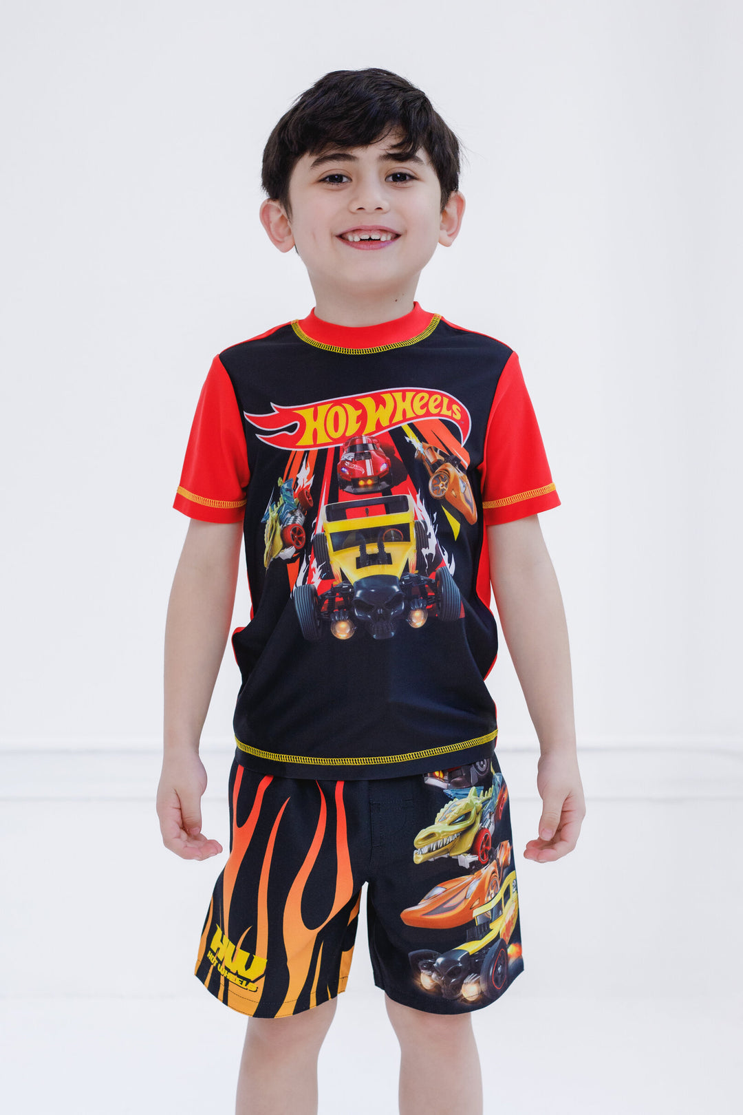 Hot Wheels UPF 50+ Rash Guard Swim Trunks Outfit Set