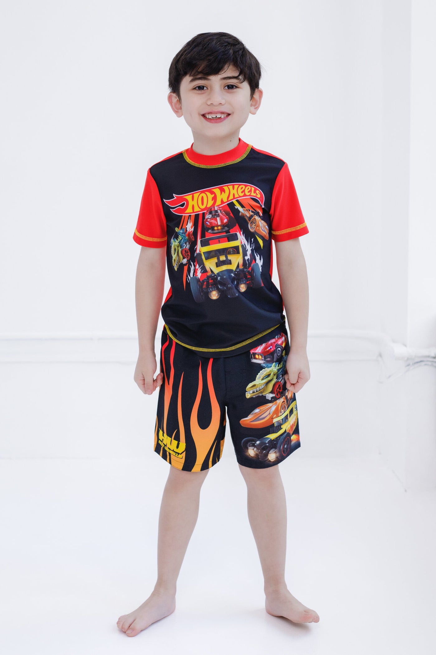 Hot Wheels UPF 50+ Rash Guard Swim Trunks Outfit Set