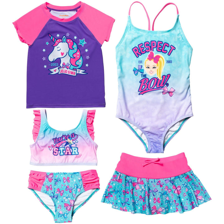 JoJo Siwa UPF 50+ One Piece Bathing Suit Bikini Top Rash Guard Skirt Bottom 5 Swimsuit Set - imagikids