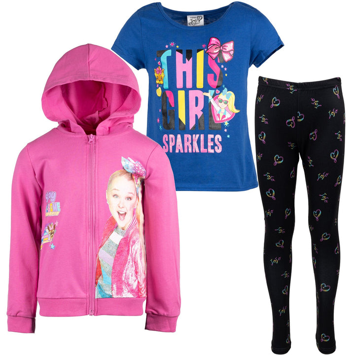 JoJo Siwa Zip Up French Terry Hoodie T-Shirt and Leggings 3 Piece Outfit Set - imagikids