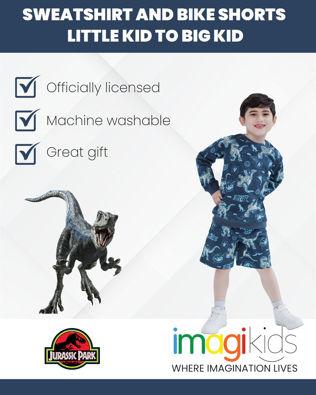 Jurassic World Jurassic Park Blue (Dinosaur) French Terry Sweatshirt and Bike Shorts - imagikids