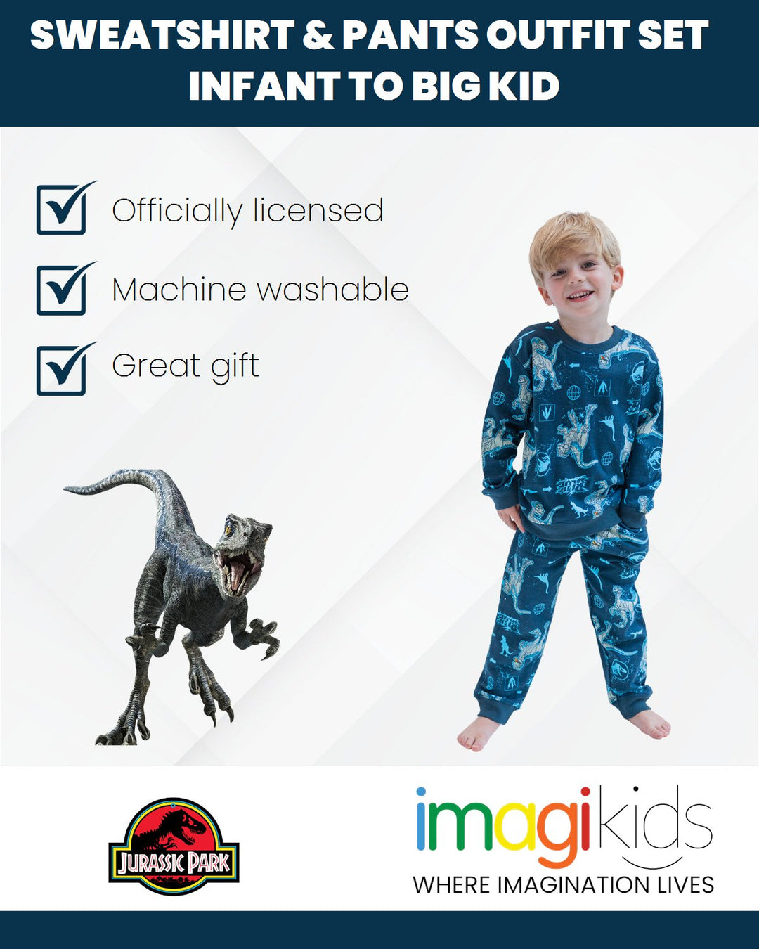 Jurassic World Jurassic Park Blue (Dinosaur) French Terry Sweatshirt and Jogger Pants Set - imagikids