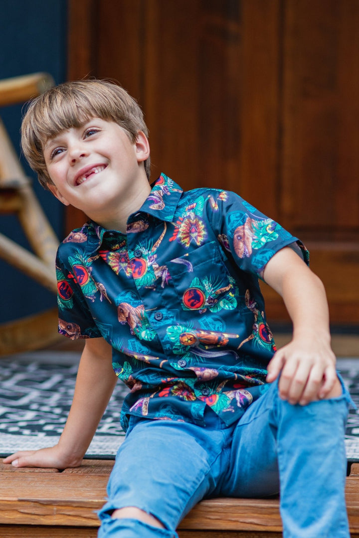 Jurassic World Park T - Rex Hawaiian Button Down Dress Shirt - imagikids