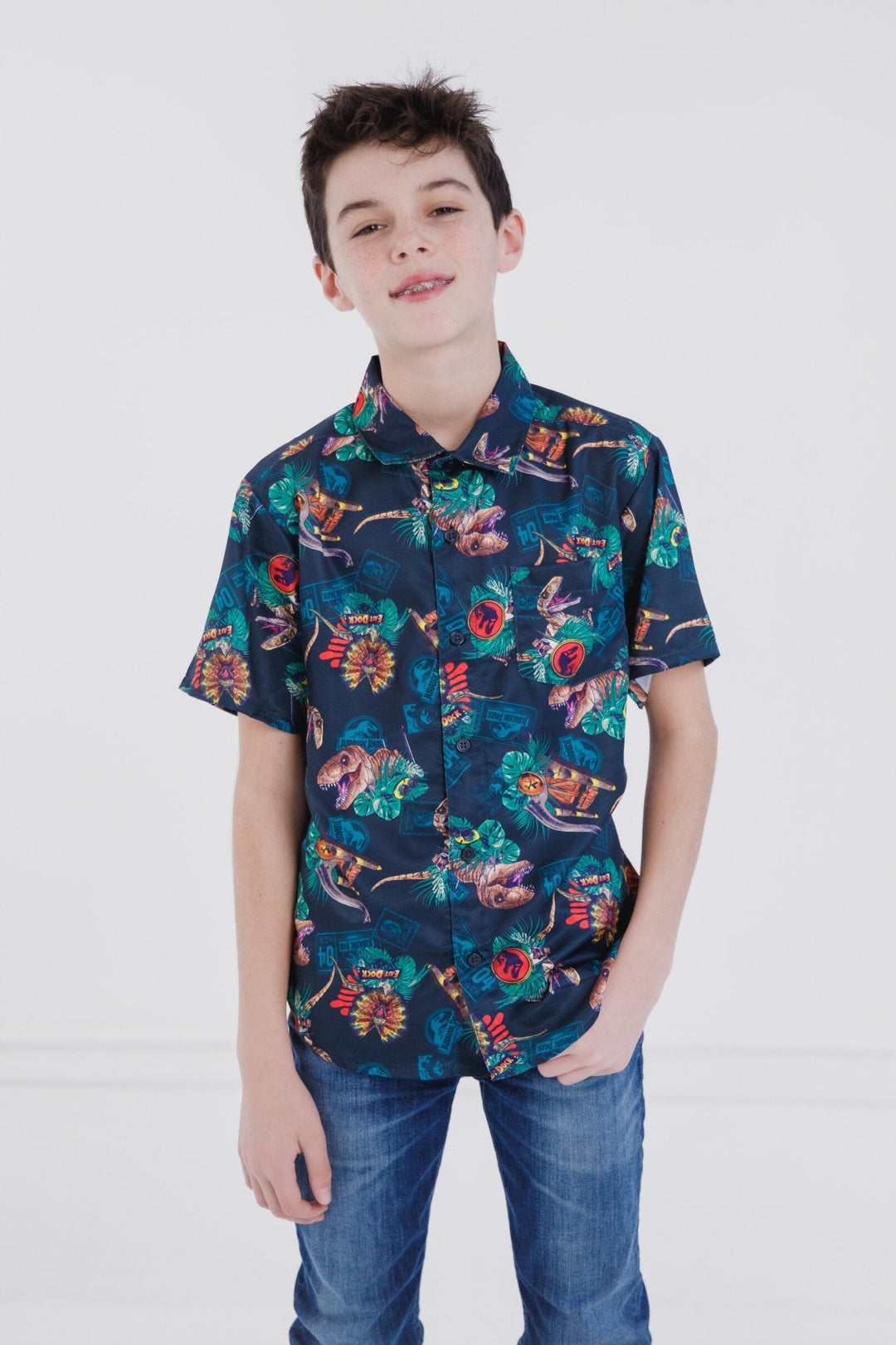 jurassic park dress shirt Jurassic World Park T-Rex Big Boys Hawaiian Button Down Shirt Toddler to Big Kid