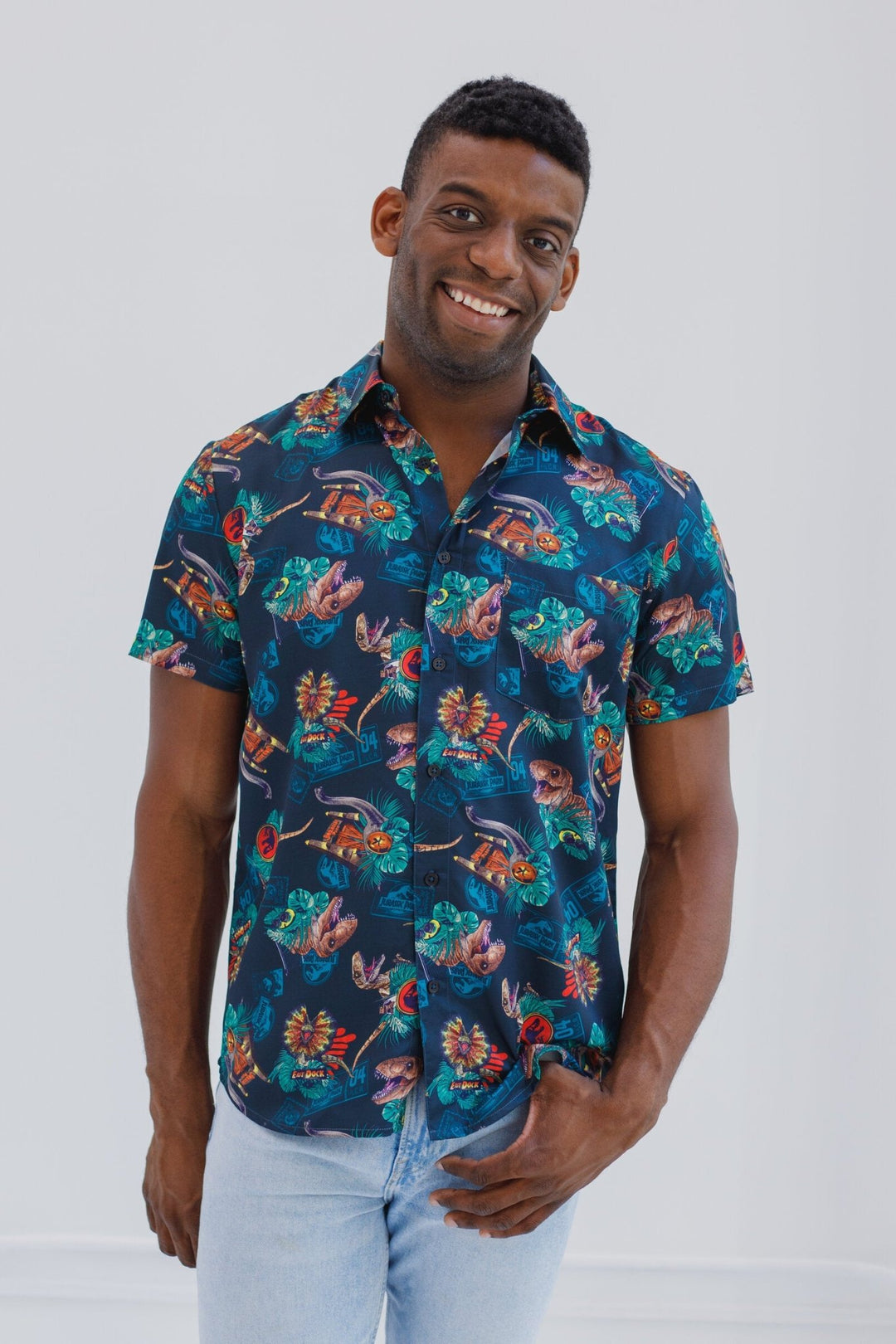 Jurassic World Park T-Rex Hawaiian Button Down Dress Shirt - imagikids