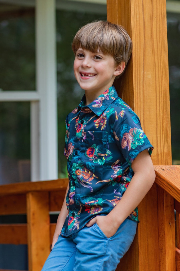 Jurassic World Park T - Rex Hawaiian Button Down Dress Shirt - imagikids