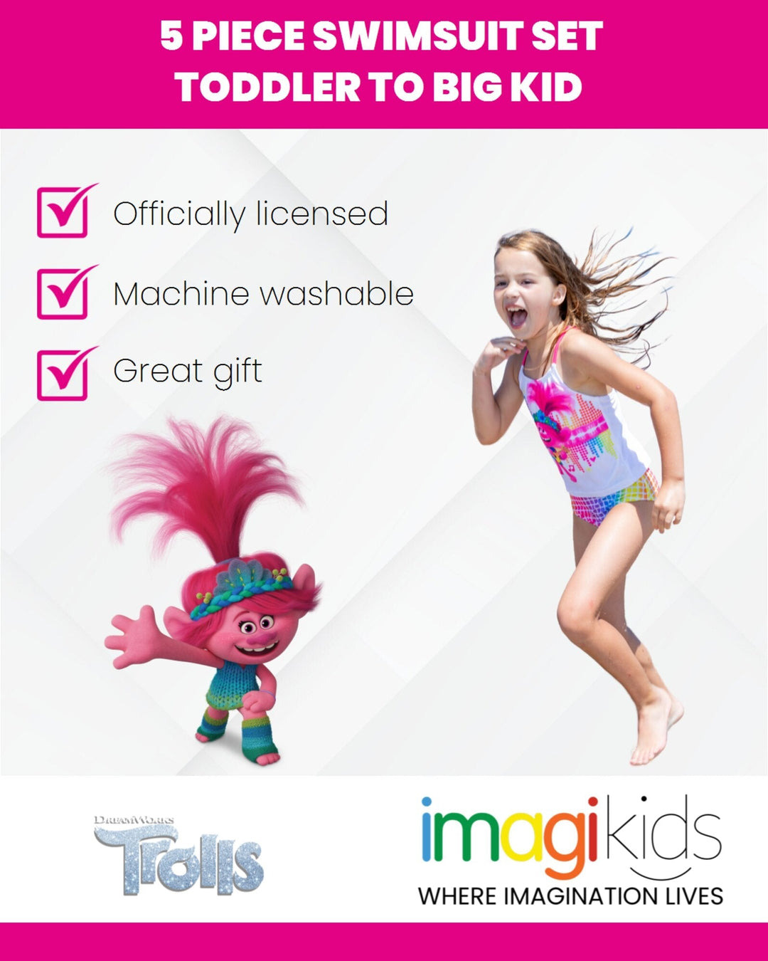 Kindi Kids Kindi Kids Trolls JoJo Siwa TROLLS One Piece Bathing Suit Bikini Top Rash Guard Skirt and Bottom 5 Swimsuit Set - imagikids