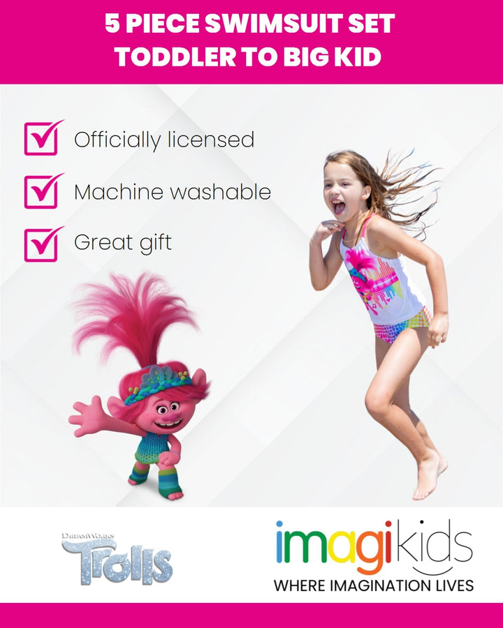 Kindi Kids Kindi Kids Trolls JoJo Siwa TROLLS One Piece Bathing Suit Bikini Top Rash Guard Skirt and Bottom 5 Swimsuit Set - imagikids