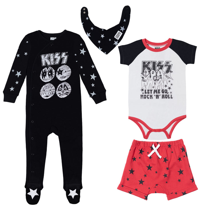 KISS Rock Band Conjunto de 4 piezas: Sleep N' Play Overol Body Shorts Bib