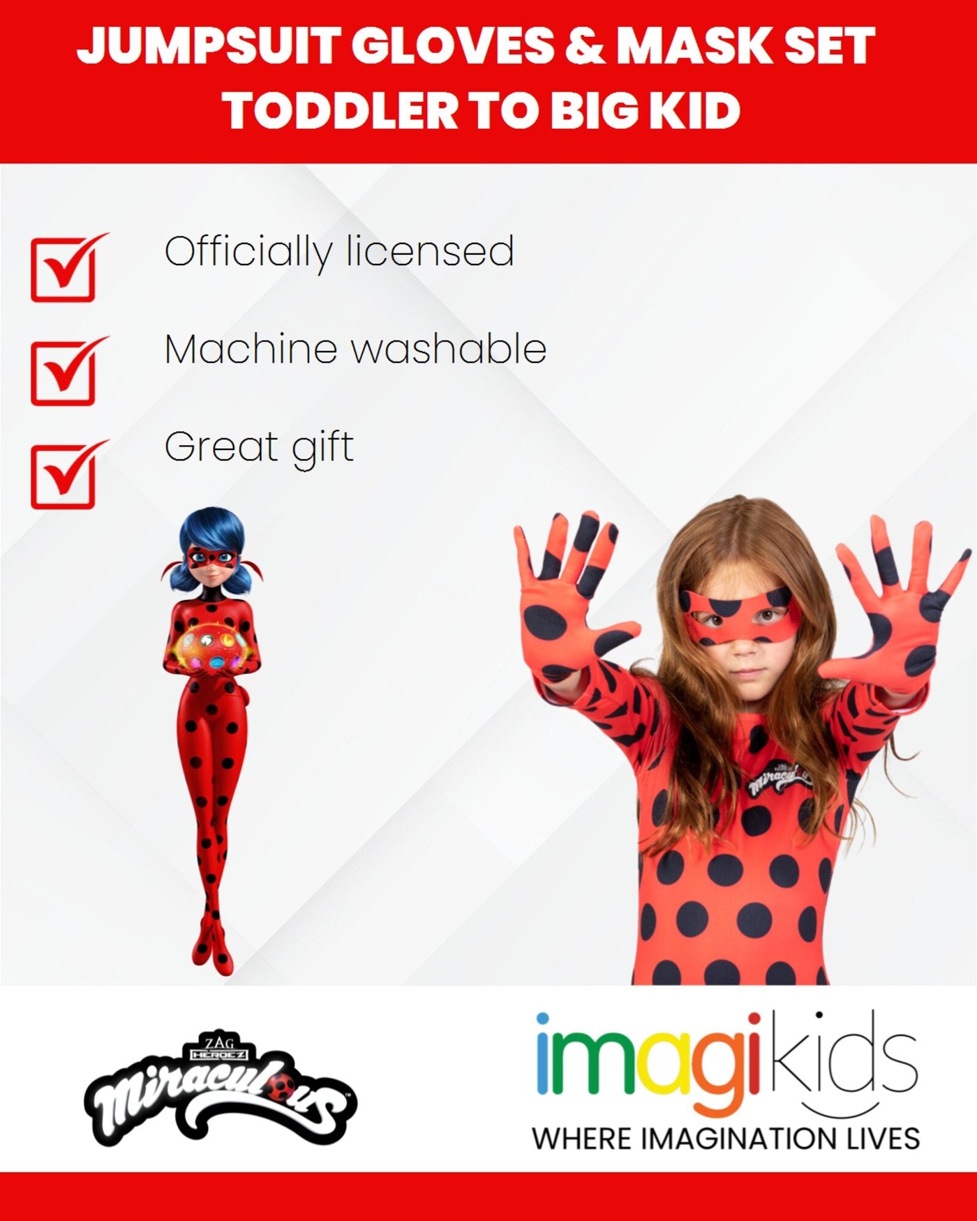 Ladybug 3 Piece Costume Set: Jumpsuit Gloves Mask - imagikids