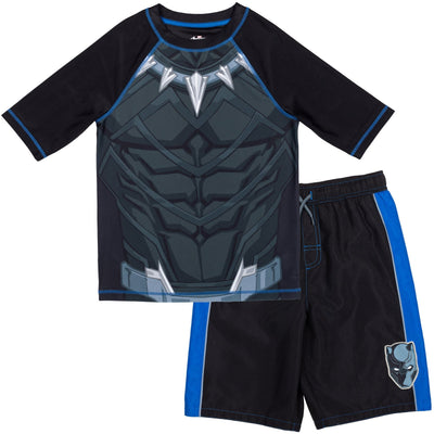 Marvel Avengers Black Panther UPF 50+ Rash Guard Swim Trunks Outfit Set - imagikids
