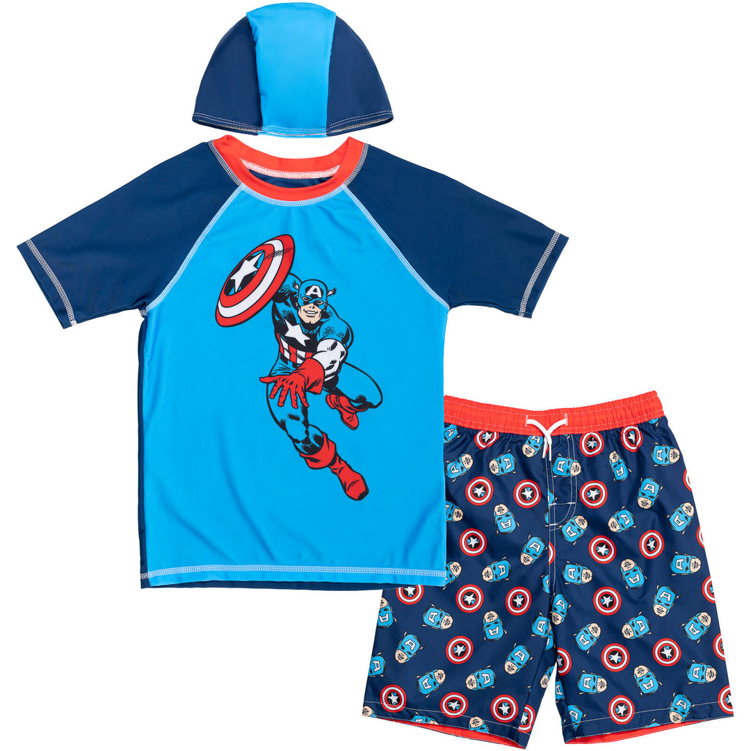 Marvel Avengers Rash Guard Swim Trunks and Cap 3 Piece Swimsuit Set