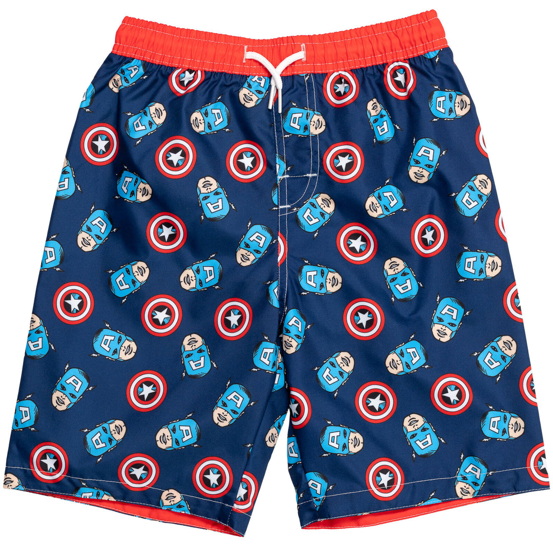 Marvel Avengers Rash Guard Swim Trunks and Cap 3 Piece Swimsuit Set