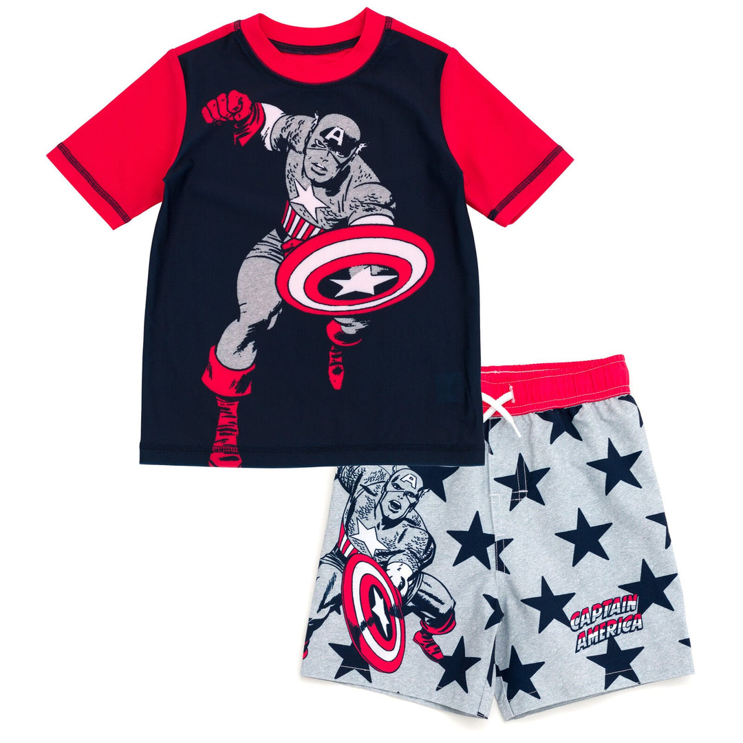 Marvel Avengers Captain America UPF 50+ Rash Guard Swim Trunks Outfit Set - imagikids