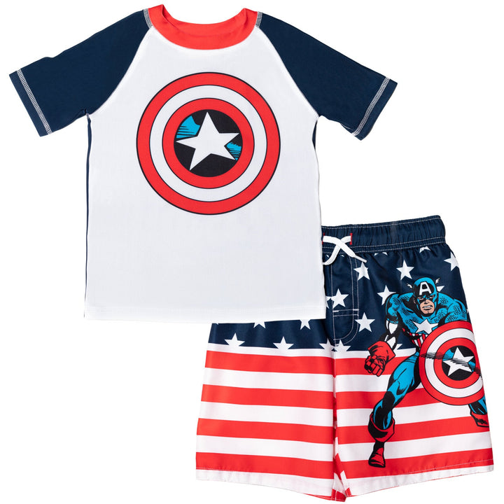 Marvel Avengers Captain America UPF 50+ Rash Guard Swim Trunks Outfit Set - imagikids