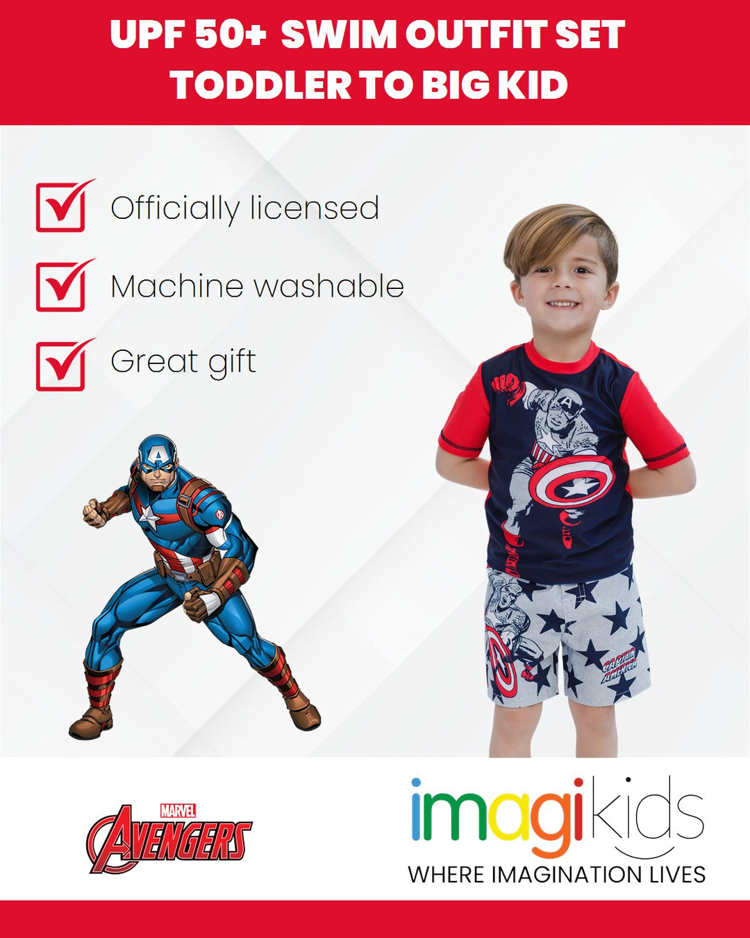 Marvel Avengers Captain America UPF 50+ Rash Guard Swim Trunks Outfit Set - imagikids