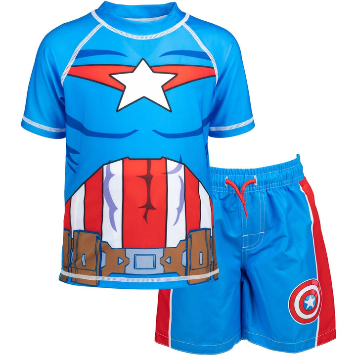 Marvel Avengers Captain America UPF 50+ Rash Guard Swim Trunks Outfit Set - imagikids