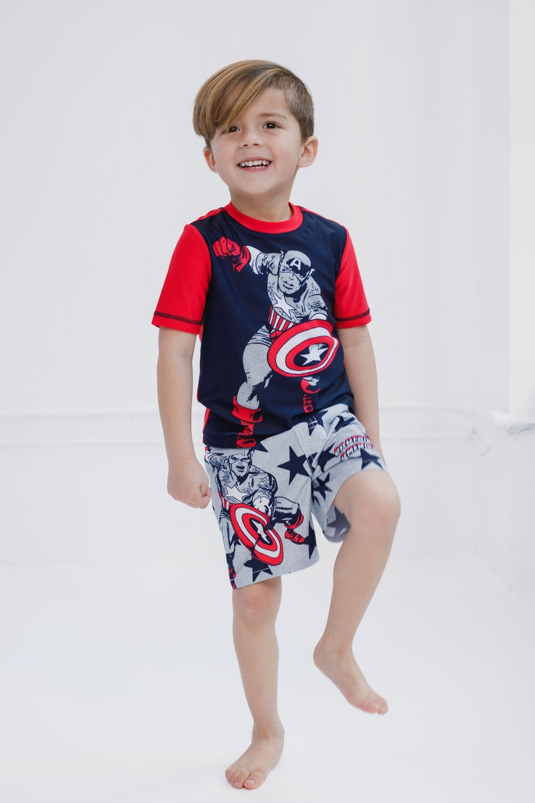 Marvel Avengers Captain America UPF 50+ Rash Guard Swim Trunks Outfit Set - imagikids