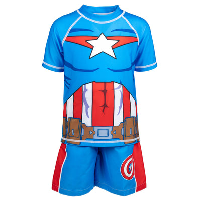 Marvel Avengers Captain America UPF 50+ Rash Guard Swim Trunks Outfit Set