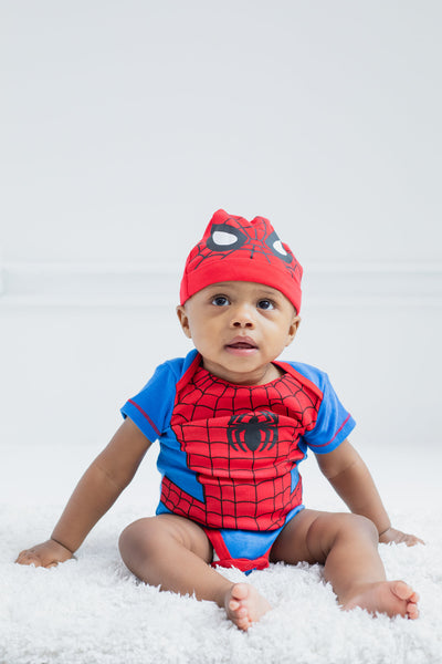 Marvel Avengers Captain America Spider-Man Thor Hulk Cosplay Short Sleeve Baby Bodysuit and Hat Newborn to Infant