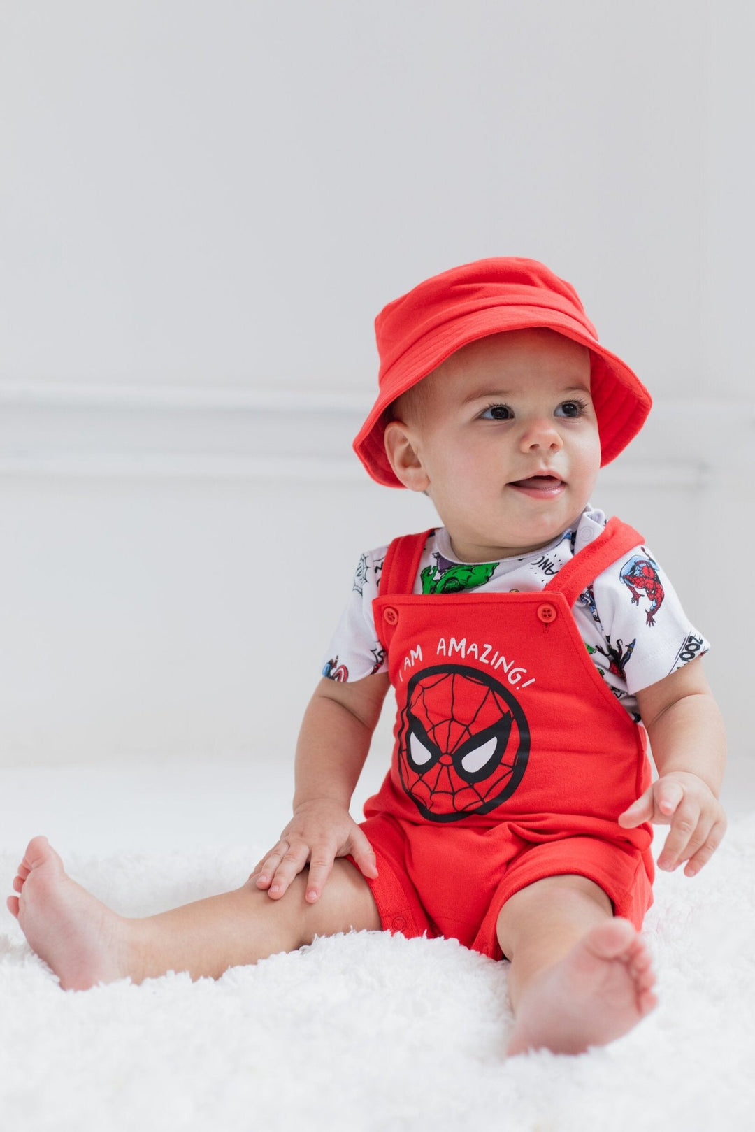 Marvel Avengers French Terry Short Overalls T-Shirt and Hat 3 Piece Outfit Set - imagikids