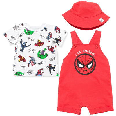 Marvel Avengers French Terry Short Overalls T-Shirt and Hat 3 Piece Outfit Set - imagikids