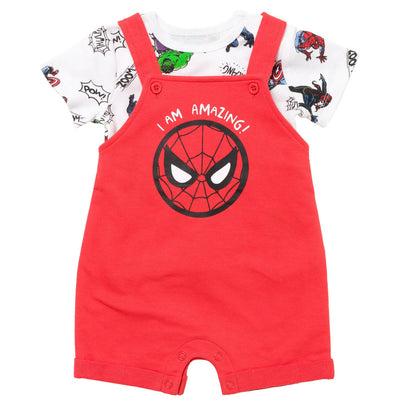 Marvel Avengers French Terry Short Overalls T-Shirt and Hat 3 Piece Outfit Set - imagikids