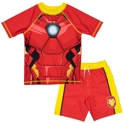 Marvel Avengers Iron Man UPF 50+ Cosplay Rash Guard Swim Trunks Outfit Set - imagikids