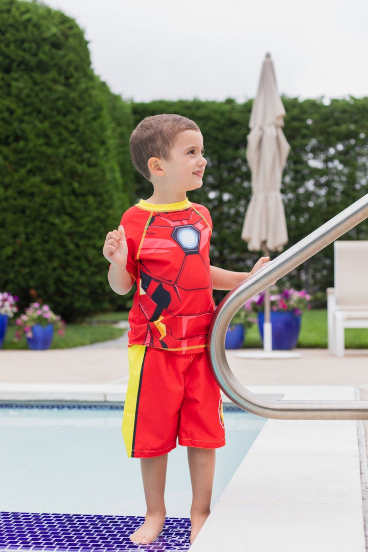 Marvel Avengers Iron Man UPF 50+ Cosplay Rash Guard Swim Trunks Outfit Set - imagikids