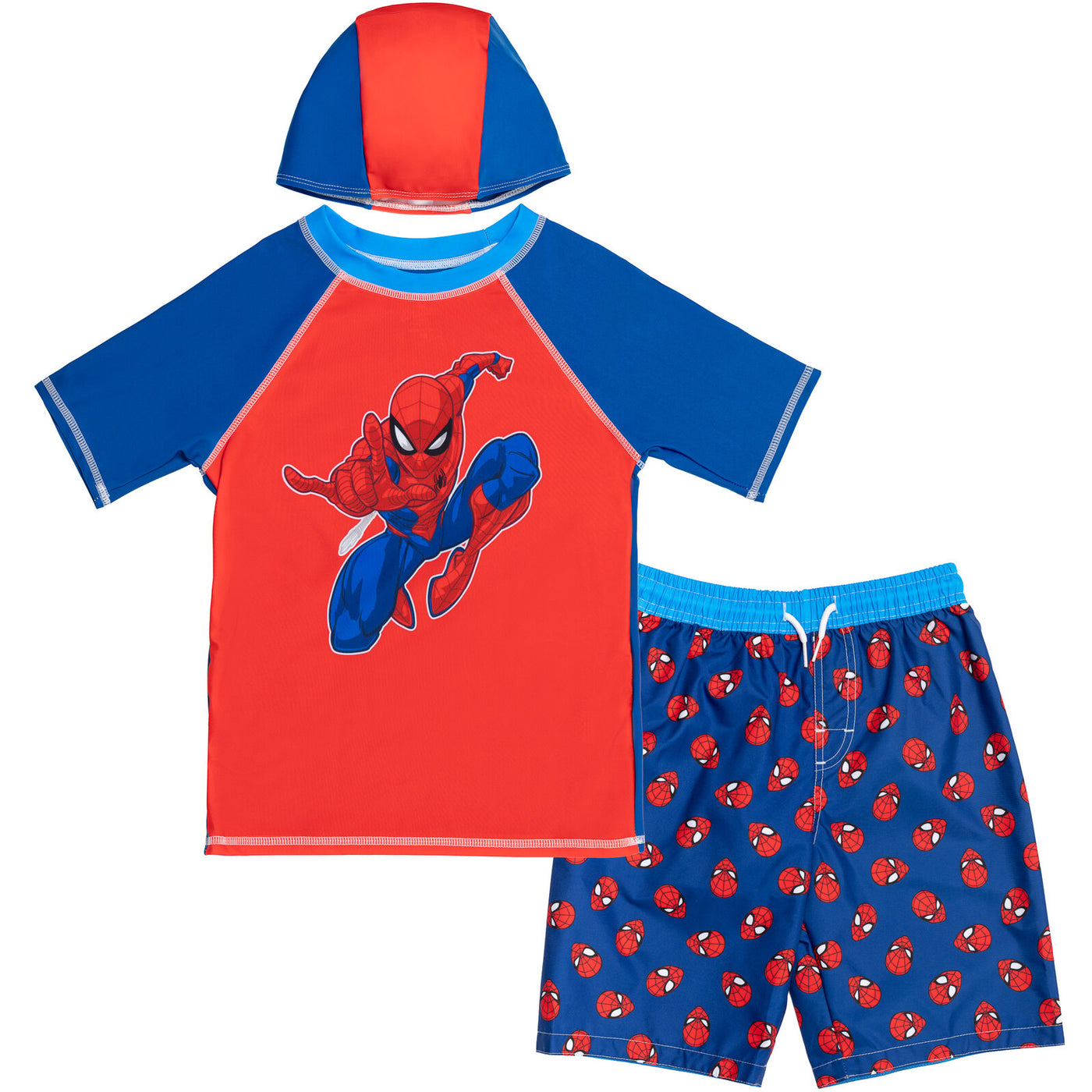 Marvel Avengers Rash Guard Swim Trunks and Cap 3 Piece Swimsuit Set